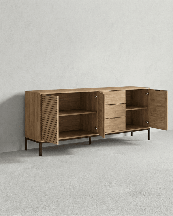 Madia Rila - Mobile per soggiorno e ingresso - 3 ante 3 cassetti - L. 180 cm x H. 80 cm x P.40 cm - Rovere chiaro - doomostore