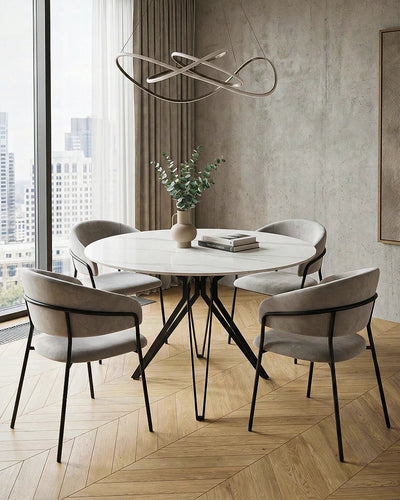 Tavolo Onio - Tavolo rotondo per soggiorno e sala da pranzo - Design minimal moderno - Ø120 x H. 76 cm- Effetto Marmo Bianco Calacatta