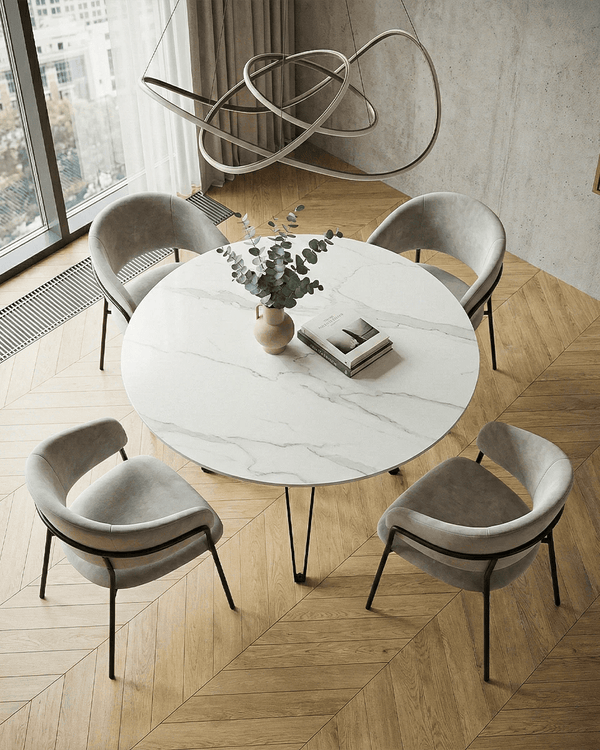 Tavolo Onio - Tavolo rotondo per soggiorno e sala da pranzo - Design minimal moderno - Ø120 x H. 76 cm - Effetto Marmo Bianco Calacatta - doomostore