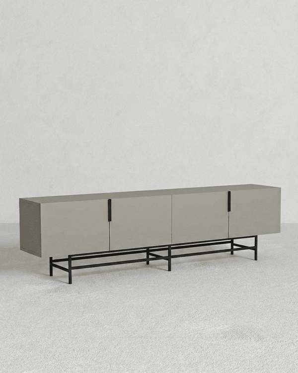 Madia Dias - Mobile TV per soggiorno, moderno - 4 ante - L. 200 cm x H. 54,5 cm x P.35 cm - Grigio oliva - doomostore