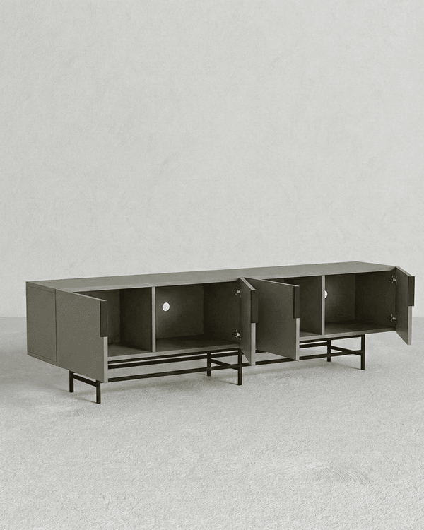 Madia Dias - Mobile TV per soggiorno, moderno - 4 ante - L. 200 cm x H. 54,5 cm x P.35 cm - Grigio oliva - doomostore