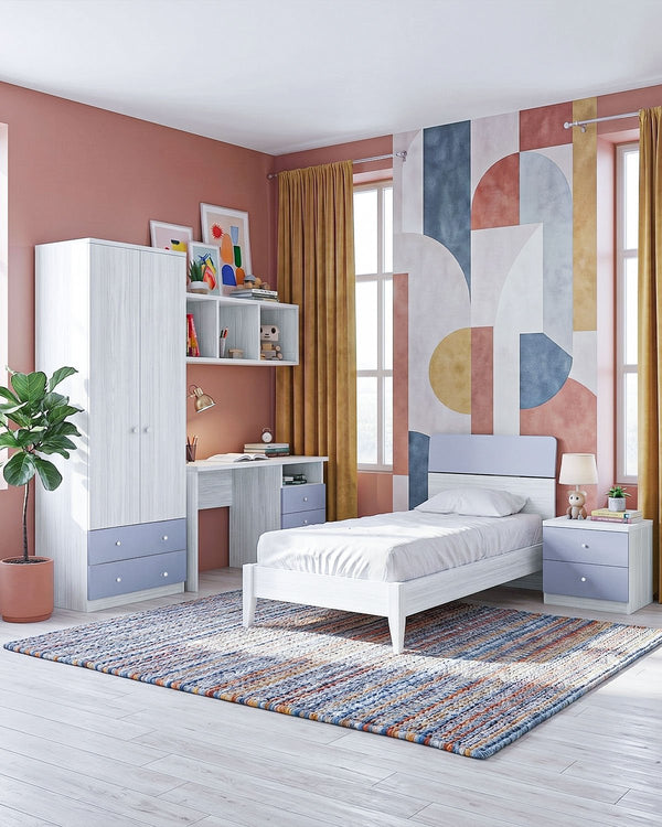 Cameretta Completa Aladin - Betulla/Avio per ragazzi e bambini - Scrittoio Genius Dx - Letto Comby con piedi in legno - Armadio Celeste - Comodino Rima - Mensola Norema - doomostore