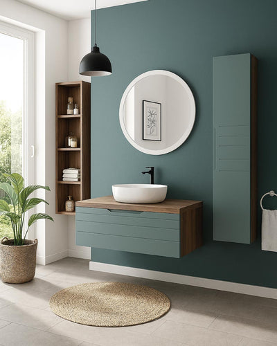 Mobile bagno Aeris - Composizione sospesa 90 cm - MDF rivestito PVC - Verde salvia con top noce canaletto - Cassetto soft-close - Lavabo ceramica e specchio tondo inclusi