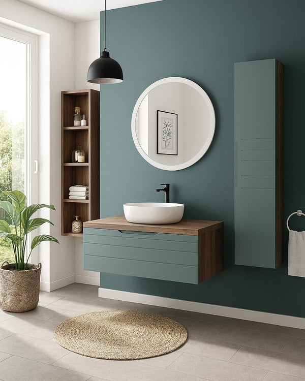 Mobile bagno Aeris - Composizione sospesa 90 cm - MDF rivestito PVC - Verde salvia con top noce canaletto - Cassetto soft - close - Lavabo ceramica e specchio tondo inclusi - doomostore