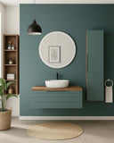 Mobile bagno Aeris - Composizione sospesa 90 cm - MDF rivestito PVC - Verde salvia con top noce canaletto - Cassetto soft - close - Lavabo ceramica e specchio tondo inclusi - doomostore