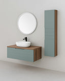 Mobile bagno Aeris - Composizione sospesa 90 cm - MDF rivestito PVC - Verde salvia con top noce canaletto - Cassetto soft - close - Lavabo ceramica e specchio tondo inclusi - doomostore