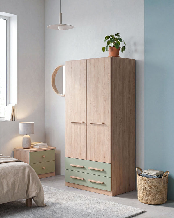 Armadio Ethan H.186 - Guardaroba moderno - 2 ante 2 cassetti - 8 varianti colore personalizzabile - 1 ripiano regolabile incluso - Ripiani regolabili opzionali