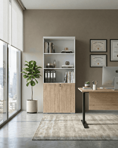 Armadio ufficio Alaska - Mobile archivio 2 ante con serratura - 4 mensole incluse - L. 90 x H. 199 x P. 42,5 cm – Bianco, ante personalizzabili