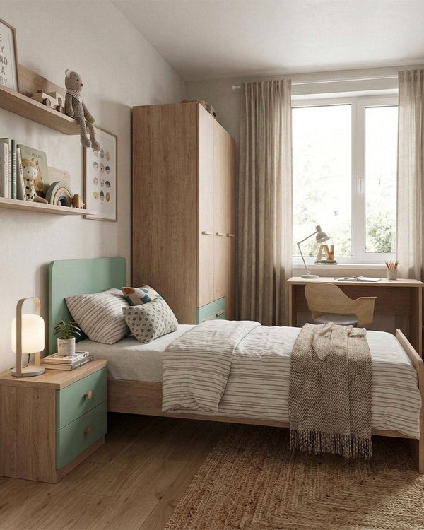 Cameretta Completa Asia - Virginia/Oliva per ragazzi e bambini - Scrittoio Modern - Letto Easy con pediera - Armadio Leon - Comodino Rima - doomostore