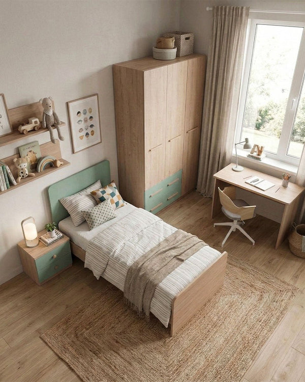Cameretta Completa Asia - Virginia/Oliva per ragazzi e bambini - Scrittoio Modern - Letto Easy con pediera - Armadio Leon - Comodino Rima - doomostore