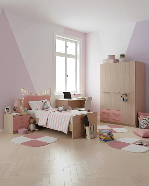 Cameretta Completa Asia - Virginia/Rosa per ragazzi e bambini - Scrittoio Modern - Letto Easy con pediera - Armadio Leon - Comodino Rima - doomostore
