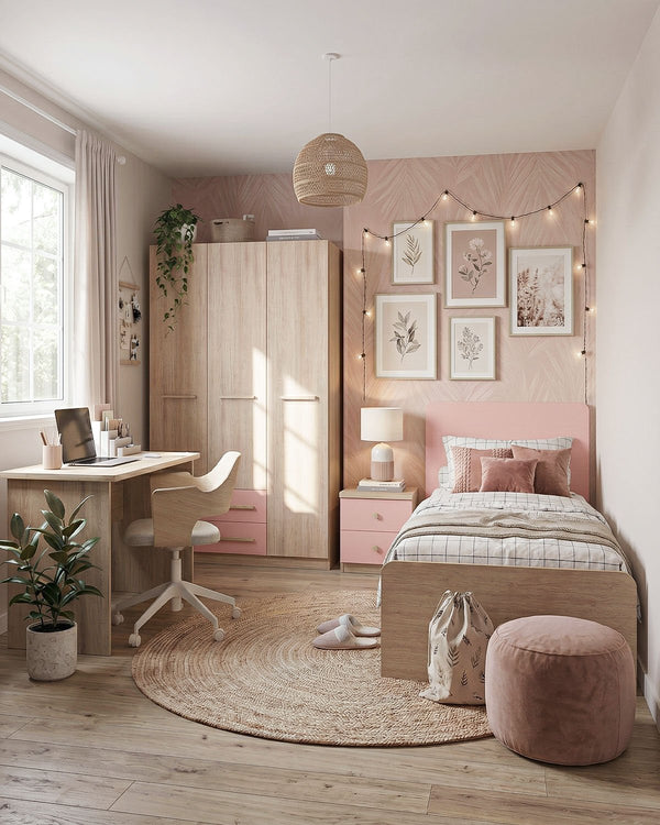 Cameretta Completa Asia - Virginia/Rosa per ragazzi e bambini - Scrittoio Modern - Letto Easy con pediera - Armadio Leon - Comodino Rima - doomostore