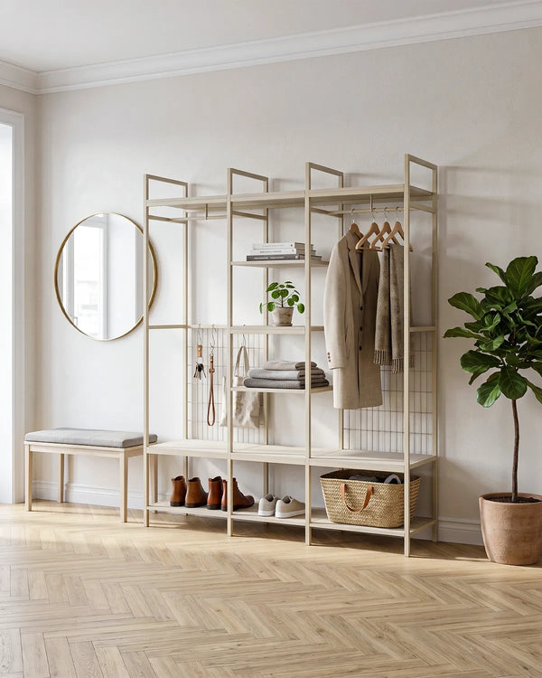 Atlas Frame Crema con 2 Barre Appendiabiti e Ripiani – Rovere Naturale 140x40x179,5