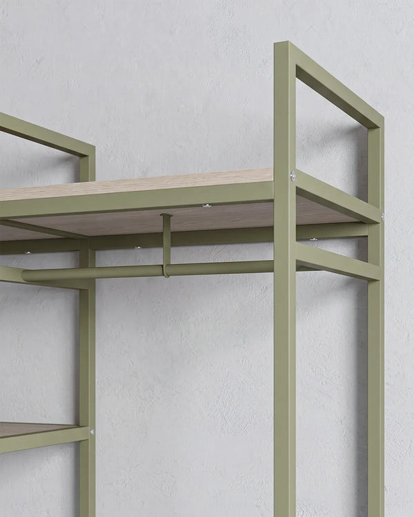 Atlas Frame Verde con 2 Barre Appendiabiti e Ripiani – Rovere Naturale 140x40x179,5