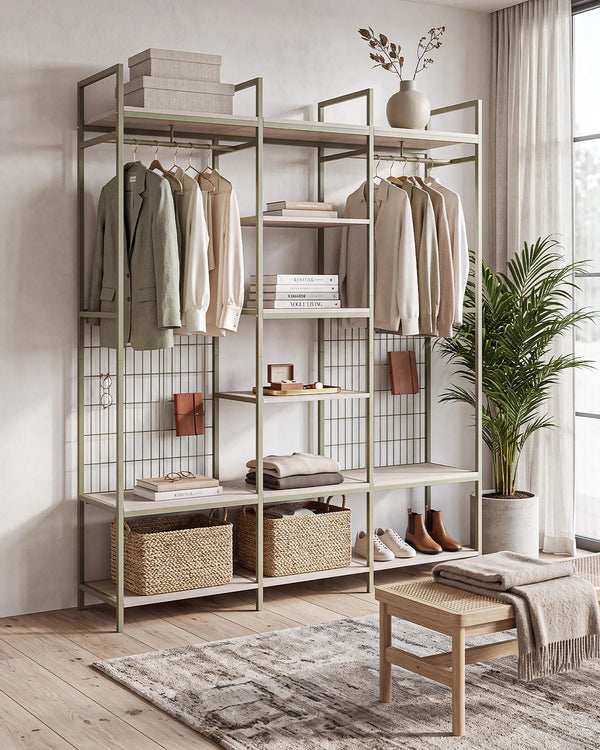 Atlas Frame Verde con 2 Barre Appendiabiti e Ripiani – Rovere Naturale 140x40x179,5