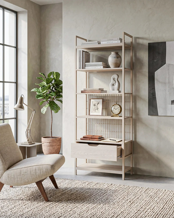 Atlas Loft Crema con 6 Ripiani e Cassetto – Rovere Naturale 60x40x179,5 cm