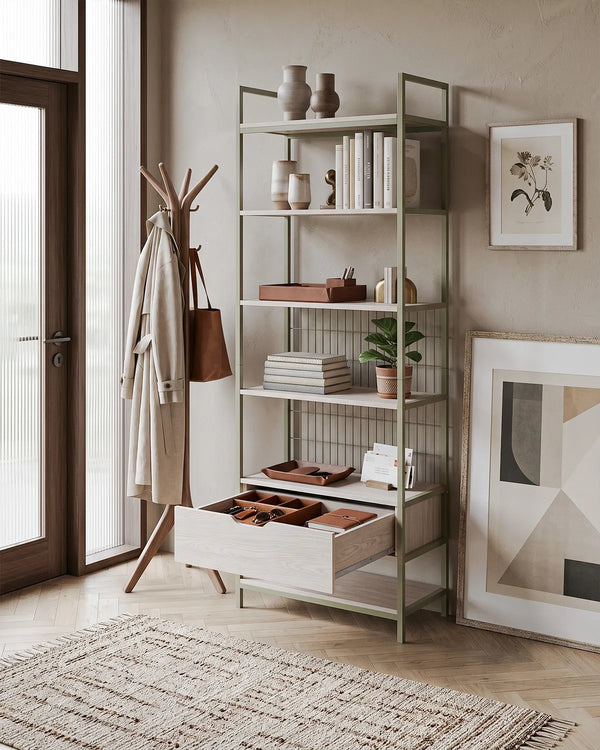 Atlas Loft Verde con 6 Ripiani e Cassetto – Rovere Naturale 60x40x179,5 cm