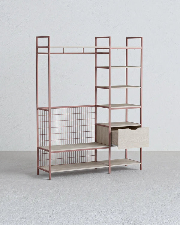 Atlas Shelf Terracotta con Ripiani e Cassetto – Rovere Naturale 140x40x179,5 cm