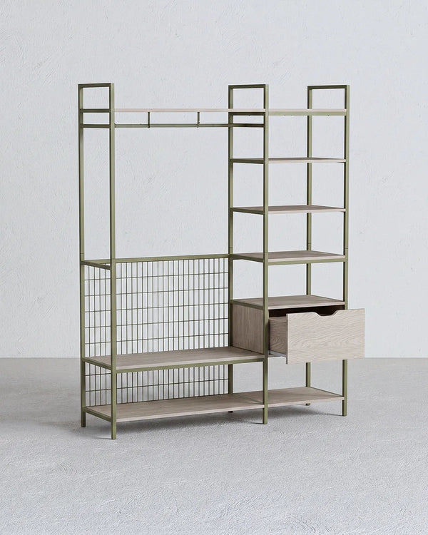 Atlas Shelf Verde con Ripiani e Cassetto – Rovere Naturale 140x40x179,5 cm