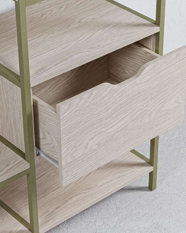 Atlas Shelf Verde con Ripiani e Cassetto – Rovere Naturale 140x40x179,5 cm