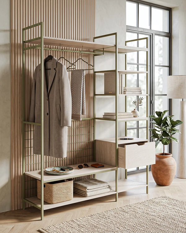 Atlas Shelf Verde con Ripiani e Cassetto – Rovere Naturale 140x40x179,5 cm