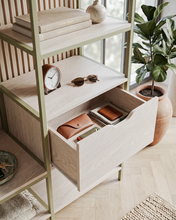 Atlas Shelf Verde con Ripiani e Cassetto – Rovere Naturale 140x40x179,5 cm