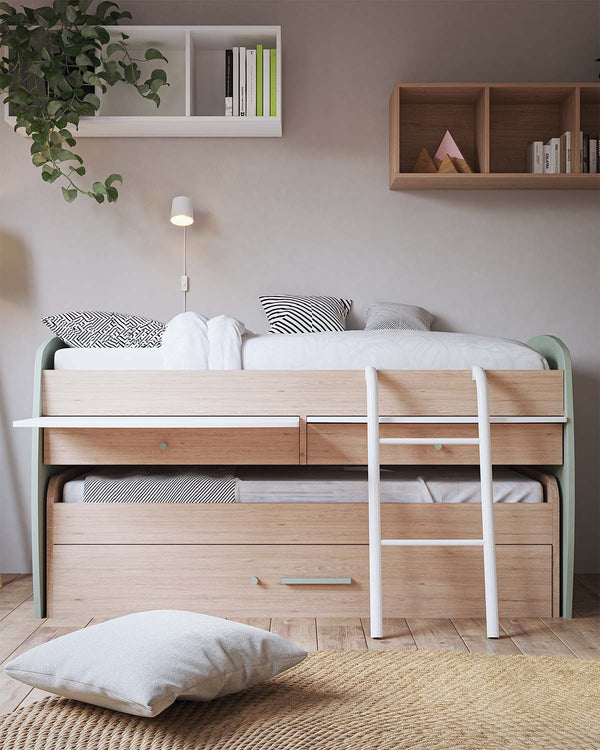 Letto attrezzato Lisa - Letto salvaspazio moderno per cameretta - Con scrittoio, 1 letti inferiori e 1 cassettone estraibili - 7 varianti colore personalizzabili - Rete a doghe e scaletta inclusi - doomostore