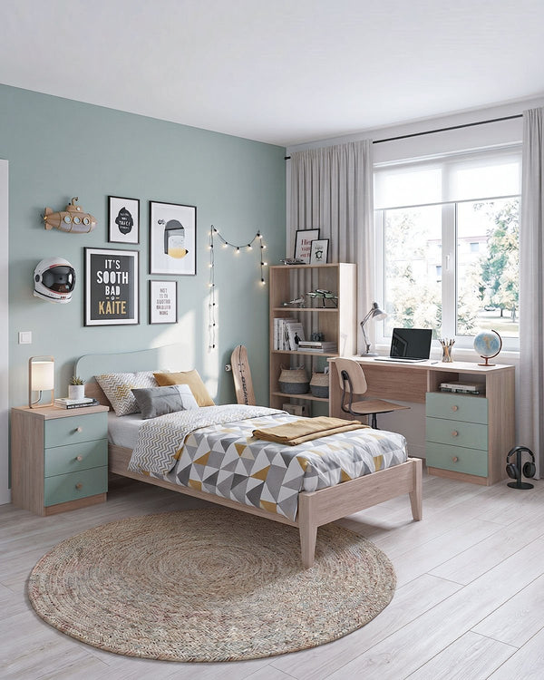 Cameretta Completa Bugs Bunny - Virginia/Oliva per ragazzi e bambini - Scrittoio Genius Dx - Letto Fly con piedi in legno - Libreria Ardela - Comodino Arva - doomostore