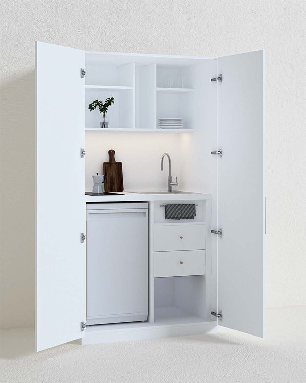 Cucina Compacto Chef - Blocco cucina completa bianco - Perfetta per piccoli appartamenti, B&B e ufficio - L 105cm x H 200 x P 72cm - doomostore