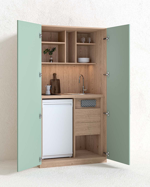 Cucina Compacto Chef - Blocco cucina completa con ante oliva e struttura virginia - Perfetta per piccoli appartamenti, B&B e ufficio - L 105cm x H 200 x P 72cm - doomostore