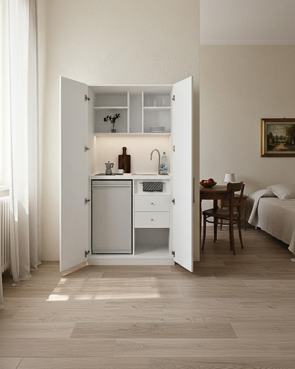 Cucina Compacto Chef - Blocco cucina completa bianco - Perfetta per piccoli appartamenti, B&B e ufficio - L 105cm x H 200 x P 72cm - doomostore