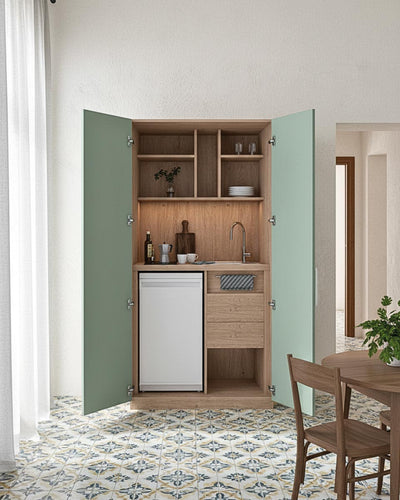 Cucina Compacto Chef - Blocco cucina completa con ante oliva e struttura virginia - Perfetta per piccoli appartamenti, B&B e ufficio - L 105cm x H 200 x P 72cm