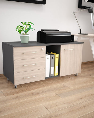 Cassettiera ufficio 3 cassetti e 1 anta struttura antracite con chiusura chiave primo cassetto e 2 vani a giorno +6 COLORAZIONI