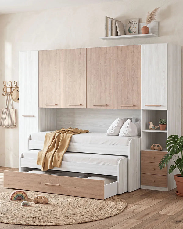 Cameretta a ponte Giulia - Armadio a ponte salvaspazio - 6 ante 3 cassetti - 7 varianti colore personalizzabili - Letto estraibile opzionale - 290 L. x 230 H.