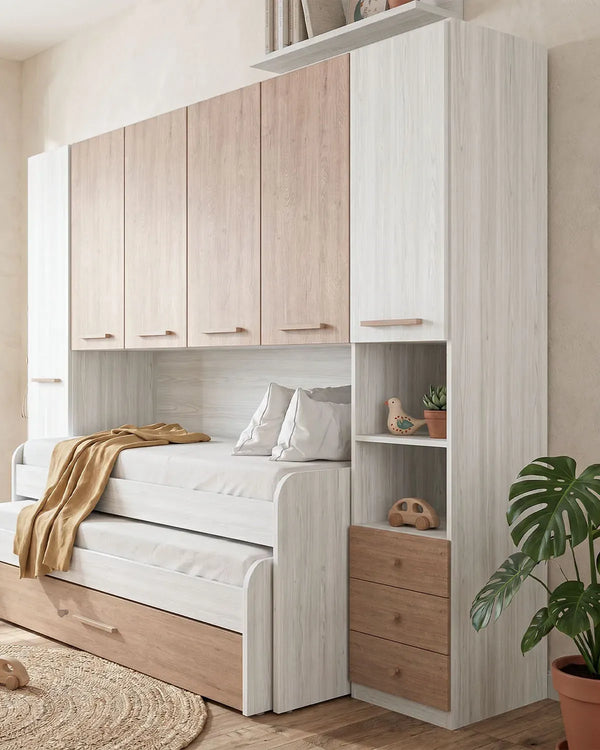Cameretta a ponte Giulia - Armadio a ponte salvaspazio - 6 ante 3 cassetti - 7 varianti colore personalizzabili - Letto estraibile opzionale - 290 L. x 230 H.