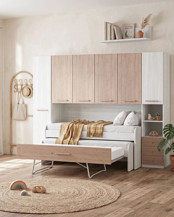 Cameretta a ponte Giulia - Armadio a ponte salvaspazio - 6 ante 3 cassetti - 7 varianti colore personalizzabili - Letto estraibile opzionale - 290 L. x 230 H. - doomostore