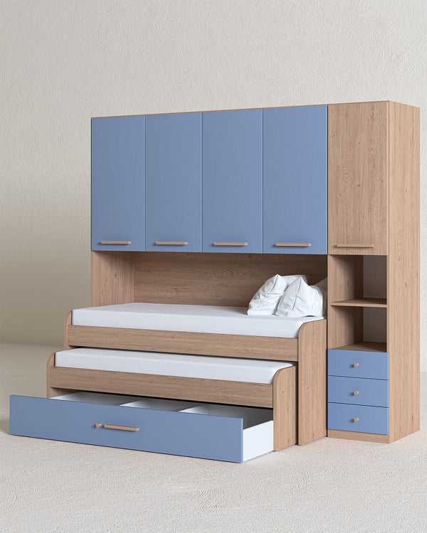 Cameretta a ponte Silvia - Armadio a ponte salvaspazio - 5 ante 2 cassetti - 7 varianti colore personalizzabili - Letto estraibile opzionale - 247 L. x 230 H. x 52 P. - doomostore