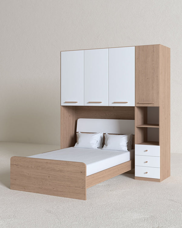 Cameretta a ponte Matilde - Armadio a ponte salvaspazio - 3 ante 3 cassetti - 7 varianti colore personalizzabili - Letto opzionale singolo/piazza e mezzo - 195 L. x 230 H. x 50 P. - doomostore