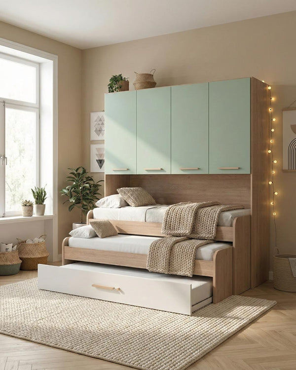 Cameretta a ponte Diletta - Armadio a ponte salvaspazio - 4 ante - 7 varianti colore personalizzabili - Letto estraibile opzionale - 205 L. x 230 H. x 52 P. - doomostore