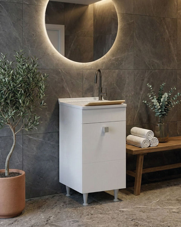 Mobile lavatoio Lina - Con 1 anta e lavatoio - Contenitore salvaspazio per bagno e lavanderia - Miscelatore opzionale - 2 varianti colore - 46 x 89 x 51 cm - doomostore