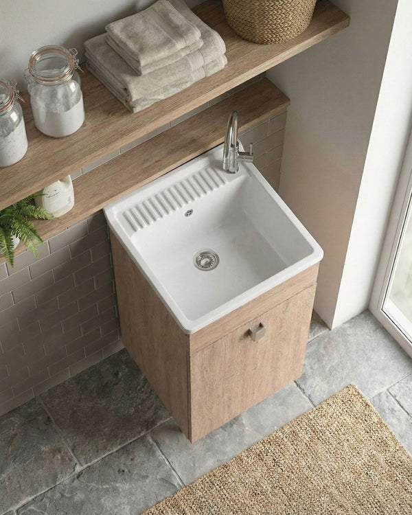Mobile lavatoio Lina - Con 1 anta e lavatoio - Contenitore salvaspazio per bagno e lavanderia - Miscelatore opzionale - 2 varianti colore - 46 x 89 x 51 cm - doomostore