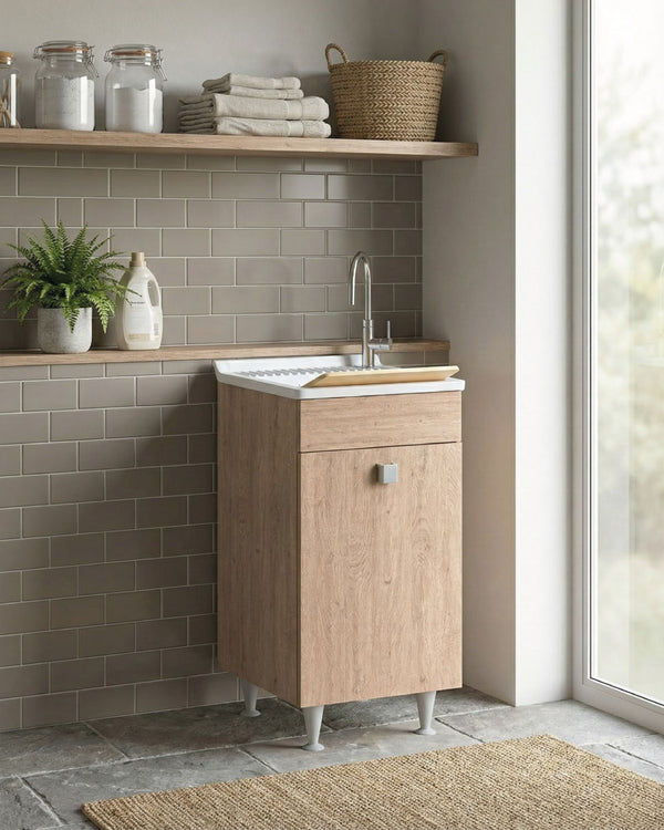 Mobile lavatoio Lina - Con 1 anta e lavatoio - Contenitore salvaspazio per bagno e lavanderia - Miscelatore opzionale - 2 varianti colore - 46 x 89 x 51 cm - doomostore