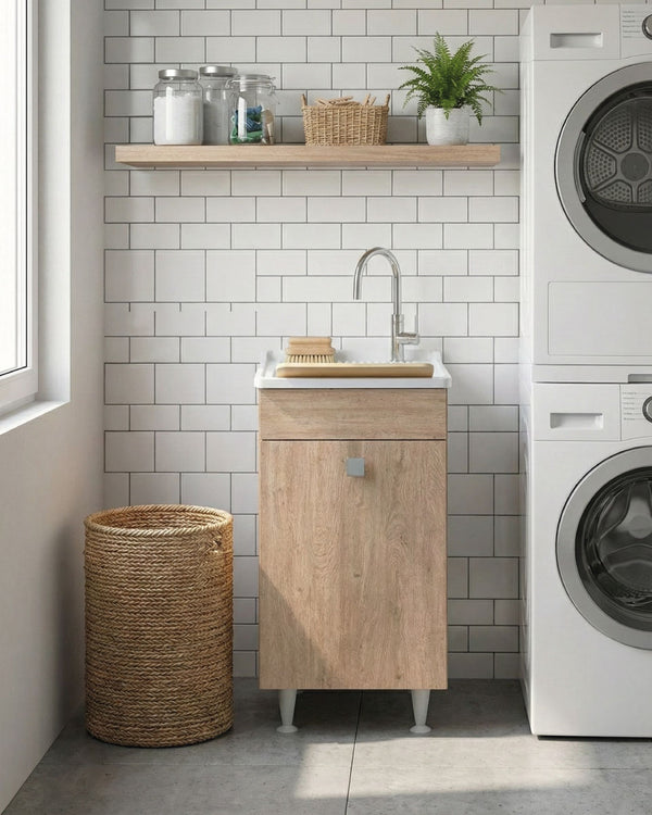 Mobile lavatoio Rose - Con 1 anta e lavatoio - Contenitore salvaspazio per bagno e lavanderia - Miscelatore opzionale - 2 varianti colore - 49 x 89 x 51 cm - doomostore