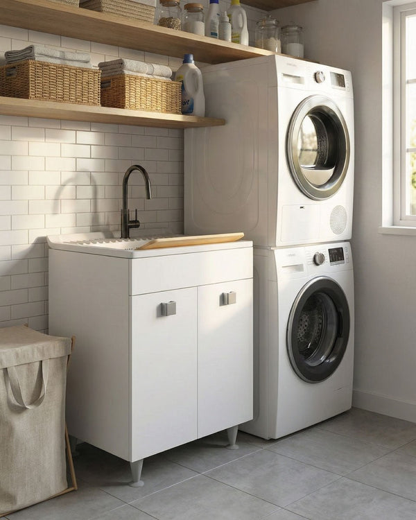 Mobile lavatoio Irene - Con 2 anta e lavatoio - Contenitore salvaspazio per bagno e lavanderia - Miscelatore opzionale - 2 varianti colore - 60 x 89 x 51 cm - doomostore