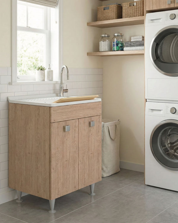 Mobile lavatoio Irene - Con 2 anta e lavatoio - Contenitore salvaspazio per bagno e lavanderia - Miscelatore opzionale - 2 varianti colore - 60 x 89 x 51 cm - doomostore