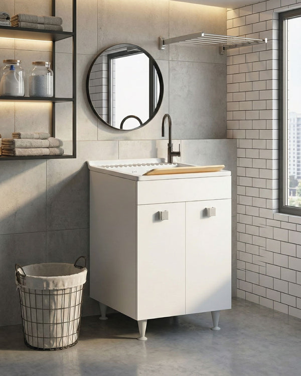 Mobile lavatoio Miriam - Con 2 anta e lavatoio - Contenitore salvaspazio per bagno e lavanderia - Miscelatore opzionale - 2 varianti colore - 60 x 89 x 61 cm - doomostore