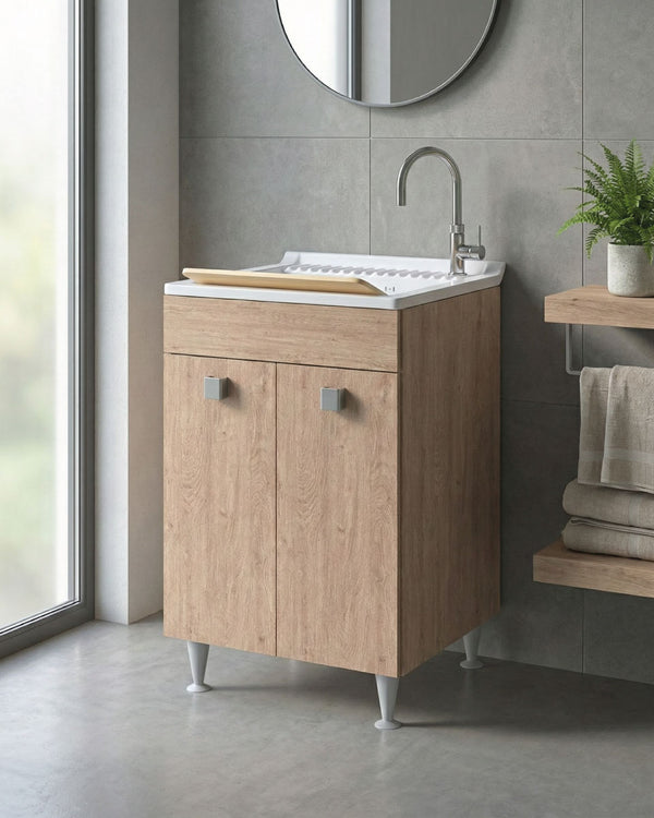 Mobile lavatoio Miriam - Con 2 anta e lavatoio - Contenitore salvaspazio per bagno e lavanderia - Miscelatore opzionale - 2 varianti colore - 60 x 89 x 61 cm - doomostore