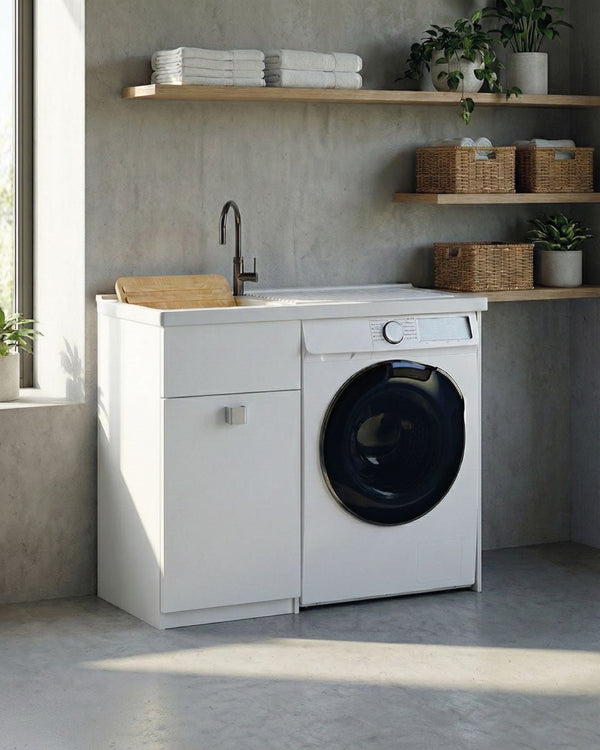 Mobile coprilavatrice Brilla Dx - Con 1 anta e lavatoio Contenitore salvaspazio per bagno e lavanderia - Lavatrice non inclusa - Miscelatore opzionale - 2 varianti colore - 109x93x60 cm - doomostore