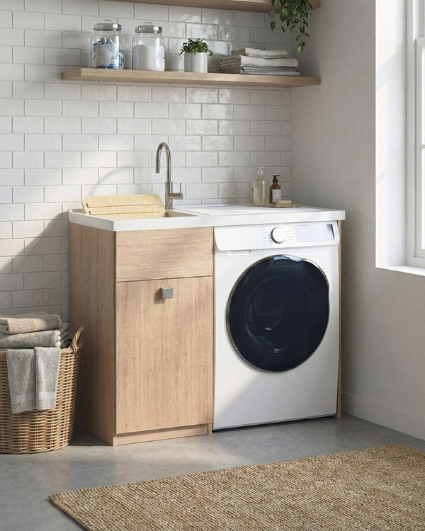 Mobile coprilavatrice Brilla Dx - Con 1 anta e lavatoio Contenitore salvaspazio per bagno e lavanderia - Lavatrice non inclusa - Miscelatore opzionale - 2 varianti colore - 109x93x60 cm - doomostore