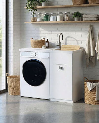 Mobile coprilavatrice Brilla Sx - Con 1 anta e lavatoio  Contenitore salvaspazio per bagno e lavanderia - Lavatrice non inclusa - Miscelatore opzionale - 2 varianti colore - 109x93x60 cm